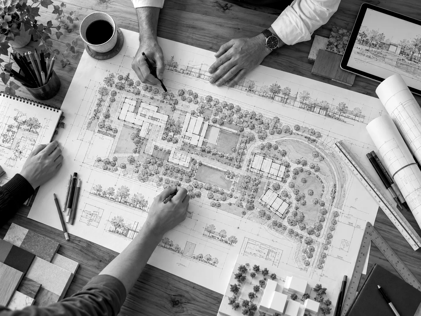 A site plan being drawn on an architect’s table, seen from above